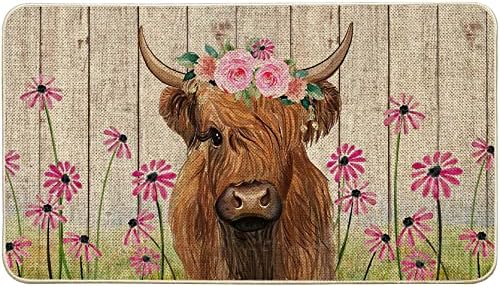 ORTIGIA Üdv Tavaszi Highland Tehén Lábtörlő Fedett Kerti Terasz, Nyári Daisy Virágos Virágok Ajtó Szőnyeg