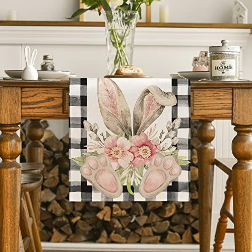 Artoid Mód Buffalo Kockás Nyuszi Fül Láb Virág Húsvéti asztali Futó, Szezonális Tavaszi Konyha, Étkező